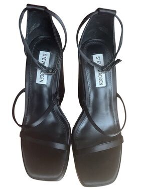 Steve Madden Varia Black Satin Wedge Square-Toe Platform Sandals, Size 7.5